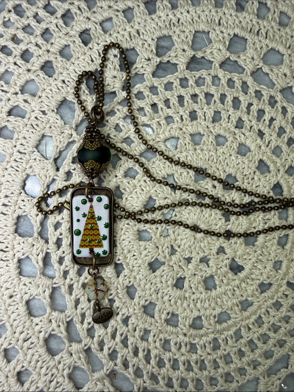 Vintage-Inspired Brass 26” Necklace with Green & White Holiday Xmas tree Pendant